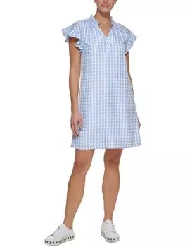 Женское клетчатое платье-трапеция с V-образным вырезом DKNY, цвет sky/white