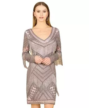 Женское коктейльное мини-платье с длинными рукавами и бисером, V-образным вырезом и бахромой Lara, фиолетовый