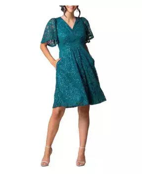 Женское коктейльное платье Starry Sequin с кружевом, V-образным вырезом и карманами Kiyonna, зеленый