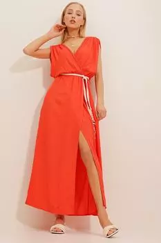 Женское коралловое двубортное вязаное платье средней длины с поясом и воротником Trend Alaat Stili, красный