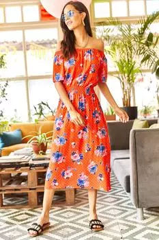 Женское коралловое тканое платье миди с воротником-кармен и эластичной резинкой на талии Olalook, красный