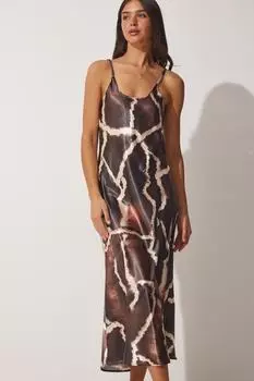 Женское коричневое атласное платье с градиентом на бретельках Happiness stanbul, коричневый