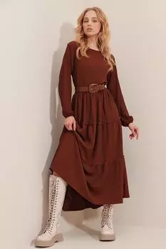Женское коричневое длинное платье с круглым вырезом и воланами ALC-X9562 Trend Alaat Stili, коричневый