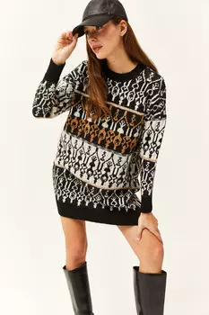 Женское коричневое платье-туника из мягкого фактурного трикотажа с рисунком Olalook, коричневый