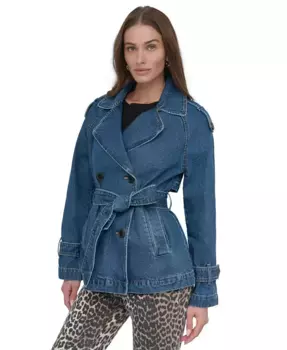 Женское короткое двубортное пальто с поясом DKNY, синий