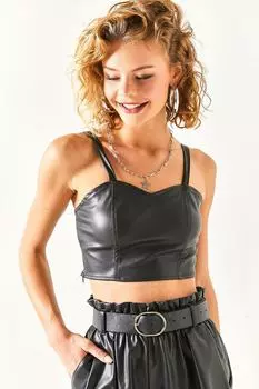 Женское кожаное бюстье черного цвета на боковой молнии с ремешком Olalook, черный