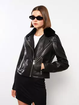 Женское кожаное пальто с байкерским воротником и простой застежкой-молнией с длинным рукавом LCW Casual