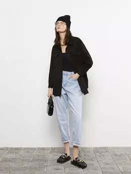 Женское кожаное пальто с воротником-стойкой и длинным рукавом LCW Casual