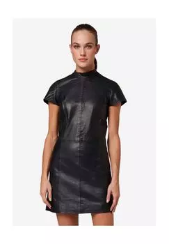 Женское кожаное платье миди, современный воротник-стойка с высоким воротником и молнией RICANO, черный