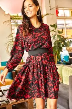 Женское красно-черное платье с v-образным вырезом и воланами Olalook, красный