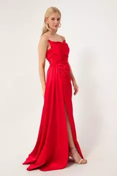 Женское красное длинное атласное вечернее платье с разрезом Lafaba, красный