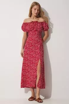 Женское красное летнее длинное платье из вискозы со сборным воротником с цветочным принтом Happiness stanbul, красный