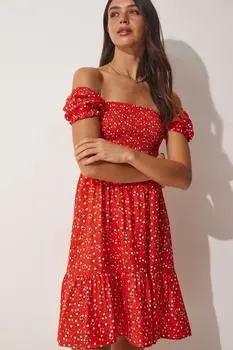 Женское красное летнее вискозное платье с воротником «кармен» Happiness stanbul, красный