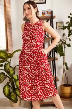 Женское красное маленькое платье миди без рукавов с цветочным принтом armonika, красный