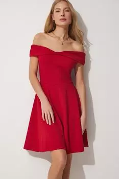 Женское красное мини-трикотажное платье А-силуэта с воротником «кармен» Happiness stanbul, красный