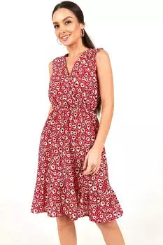 Женское красное платье без рукавов с двубортным воротником и цветочным принтом на эластичной резинке на талии armonika, красный