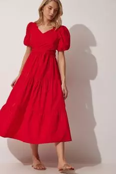 Женское красное платье из поплина с завязкой на спине и воланами Happiness stanbul, красный
