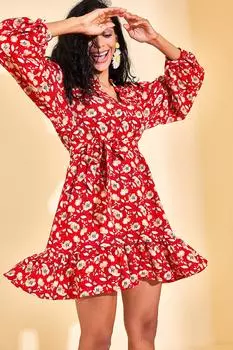 Женское красное платье с рюшами и поясом, юбка XHAN, красный