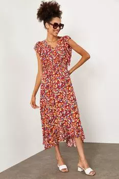 Женское красное платье с рюшами и цветочным принтом XHAN, красный