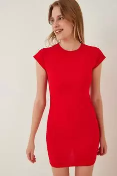 Женское красное трикотажное креповое платье со сборкой на талии Happiness stanbul, красный
