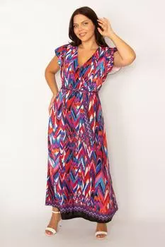 Женское красочное длинное платье большого размера с цветным воротником и запахом 65n34174 ans, разноцветный
