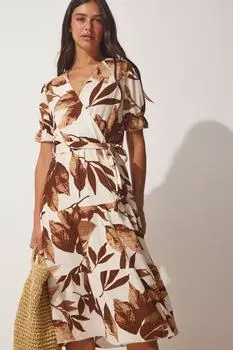 Женское кремово-коричневое летнее трикотажное платье с рисунком Happiness stanbul, разноцветный