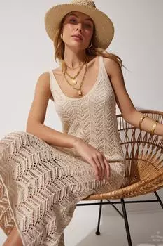 Женское кремовое ажурное летнее трикотажное платье на бретельках Happiness stanbul, бежевый