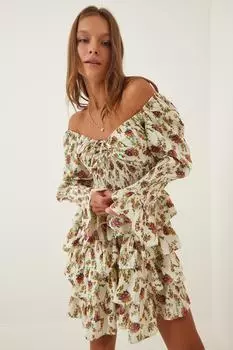 Женское кремовое летнее мини-платье Katkat с цветочным принтом и рюшами Happiness stanbul, разноцветный