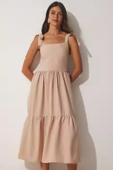 Женское кремовое летнее платье из поплина с бретелями Happiness stanbul, бежевый