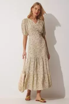 Женское кремовое летнее тканое платье с v-образным вырезом и цветочным принтом Happiness stanbul, бежевый