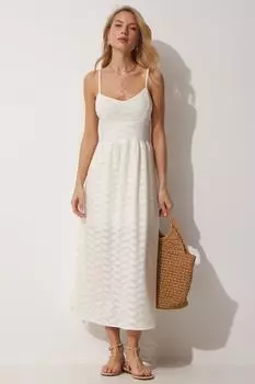 Женское кремовое летнее трикотажное платье с кружевным эффектом на бретелях Happiness stanbul, бежевый