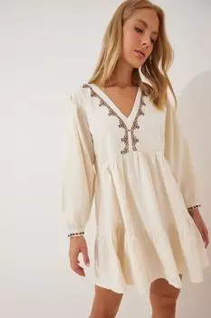 Женское кремовое расклешенное платье из необработанного льна с вышивкой Happiness stanbul, бежевый