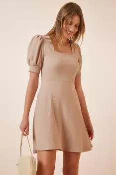 Женское кремовое расклешенное платье с квадратным воротником Happiness stanbul, бежевый