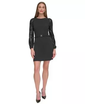 Женское креповое платье Scuba с плиссированными рукавами и поясом DKNY, черный