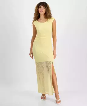 Женское кружевное макси-платье с рукавами-колокольчиками и разрезом по боку Bar III, желтый