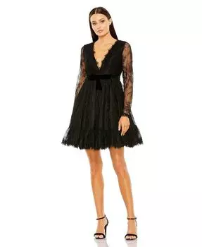 Женское кружевное платье Babydoll Ieena с длинными рукавами и глубоким V-образным вырезом Mac Duggal, черный