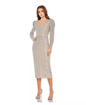 Женское кружевное платье миди с длинными рукавами и бисером Mac Duggal, цвет Taupe