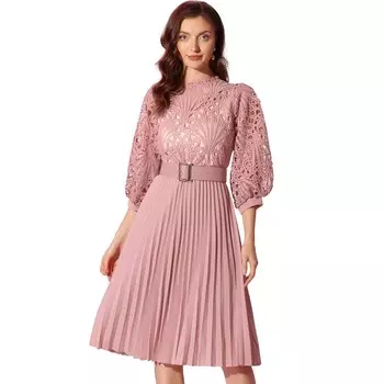 Женское кружевное платье с цветочным принтом, рукава 3/4, плиссированные платья трапециевидной формы с поясом и вставками ALLEGRA K, розовый