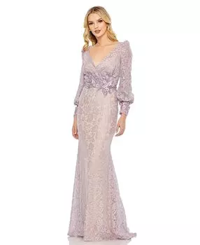 Женское кружевное платье с длинным рукавом и V-образным вырезом, украшенное украшением MAC DUGGAL