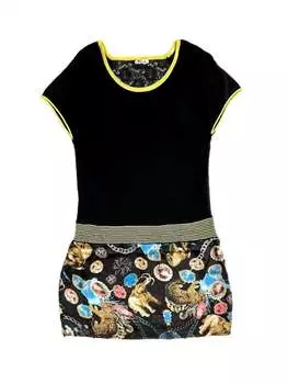 Женское кружевное трикотажное атласное мини-платье с цветочным принтом черного цвета Yuka