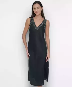 Женское льняное платье без рукавов с V-образным вырезом и металлическими заклепками DKNY, черный