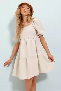 Женское льняное платье бежевого цвета с квадратным воротником и рукавами принцессы с оборками ALC-X8547 Trend Alaat Stili, бежевый