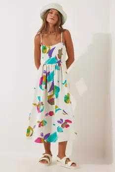Женское льняное платье кремового цвета с узором на бретелях Happiness stanbul, разноцветный
