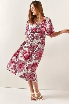 Женское льняное платье миди двубортного цвета фуксии с воротником на талии Olalook, розовый