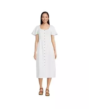 Женское льняное платье миди на пуговицах спереди для миниатюрных размеров Lands' End, белый