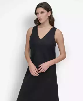 Женское льняное платье миди с V-образным вырезом и вставками DKNY, черный