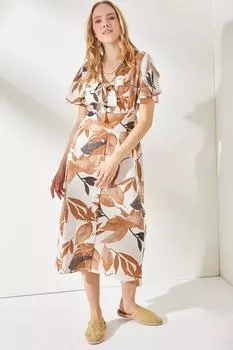 Женское льняное платье на пуговицах с рюшами и юбкой светло-коричневого цвета Olalook, коричневый