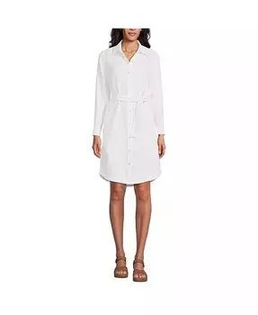 Женское льняное платье-рубашка с длинным рукавом Lands' End, белый