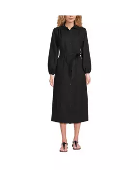 Женское льняное платье-рубашка с длинными рукавами миди Lands' End, черный