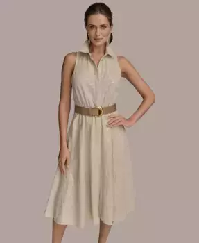 Женское льняное платье-рубашка с поясом, украшенное пайетками Donna Karan New York, коричневый/бежевый